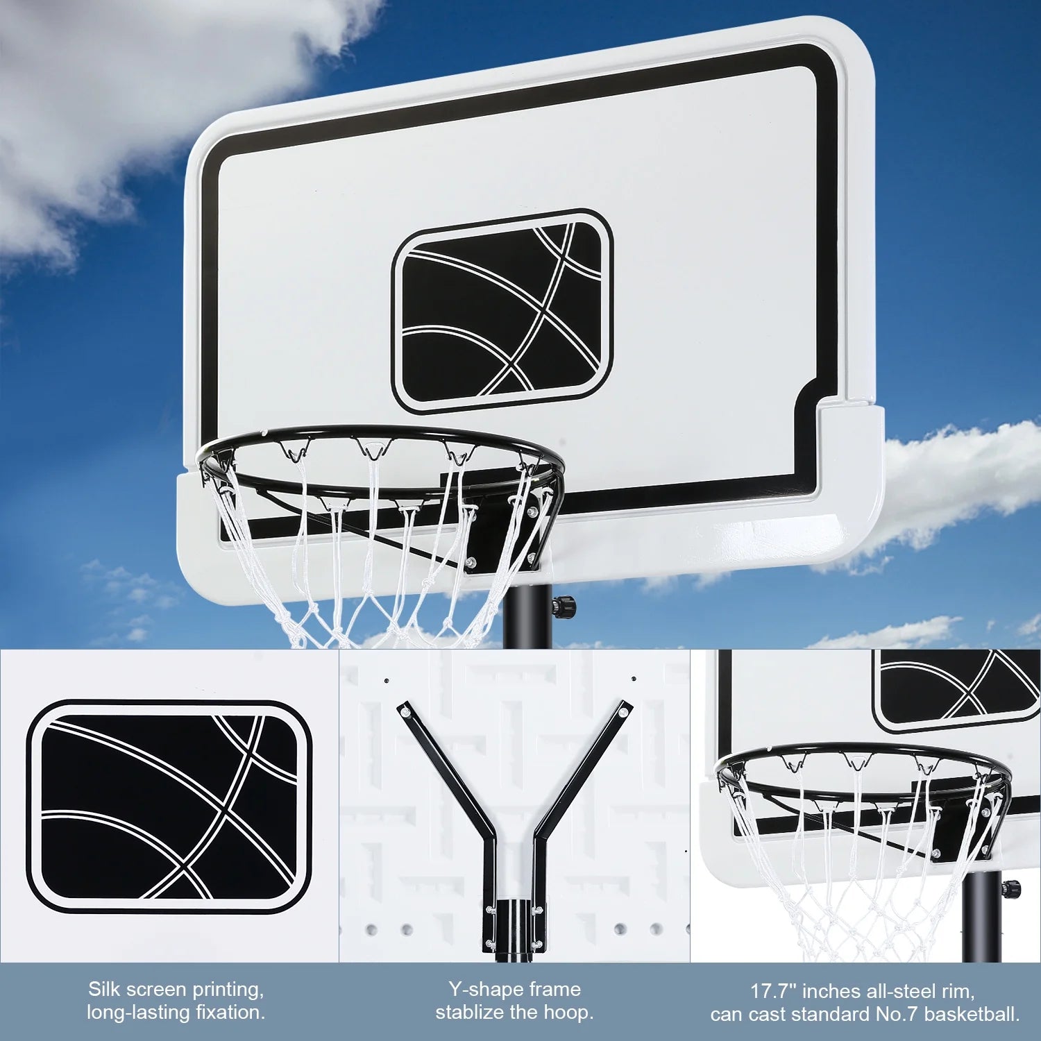 44In Basketball Hoop Adjustable Height 6.56Ft-10Ft Goal Durable Outdoor Portable Basketball System for All Age Ranges White