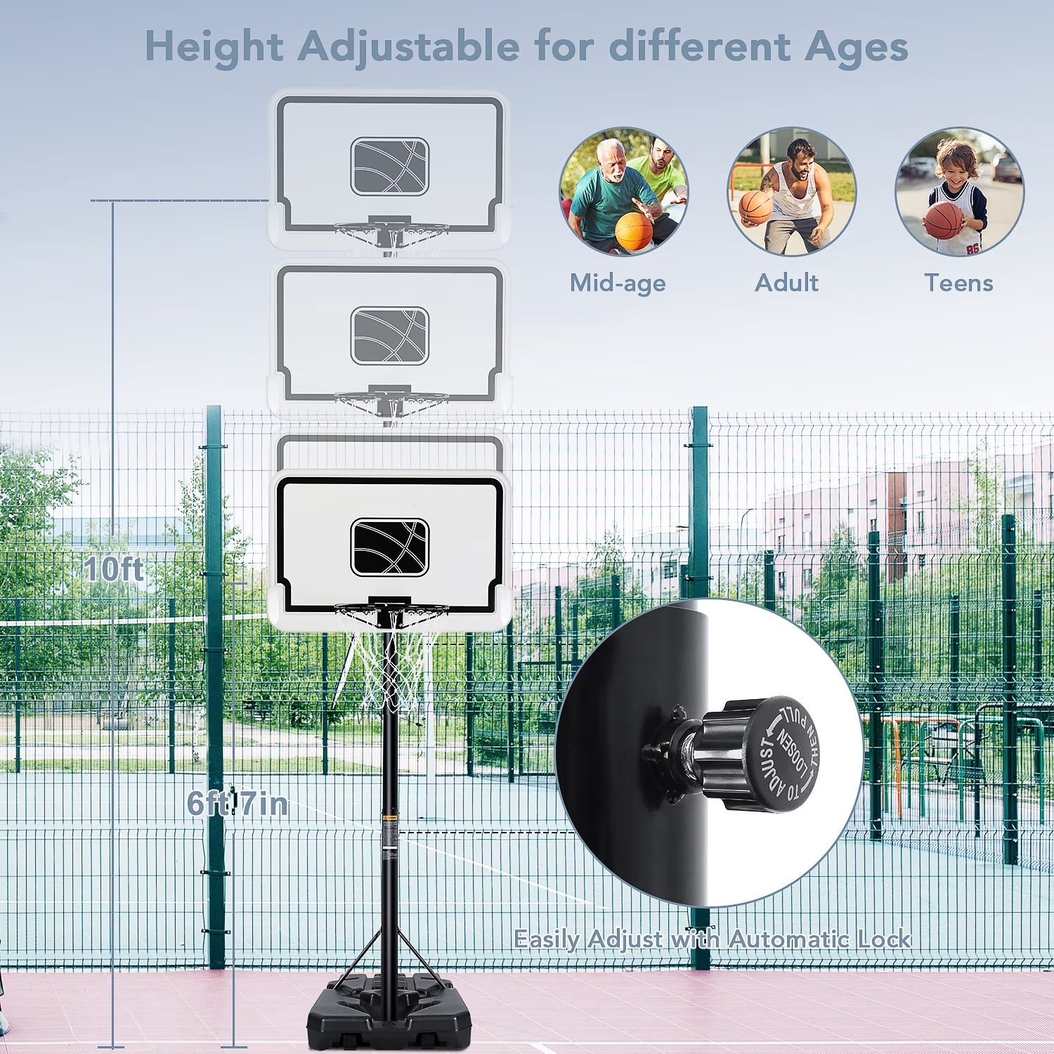44In Basketball Hoop Adjustable Height 6.56Ft-10Ft Goal Durable Outdoor Portable Basketball System for All Age Ranges White